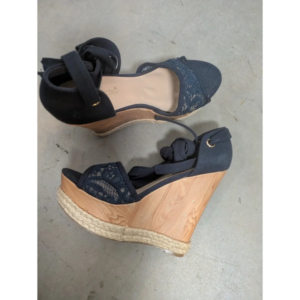 ShoeDazzle Wedge Sandals Women 7.5 Navy Blue Lace Up Espadrille Heel